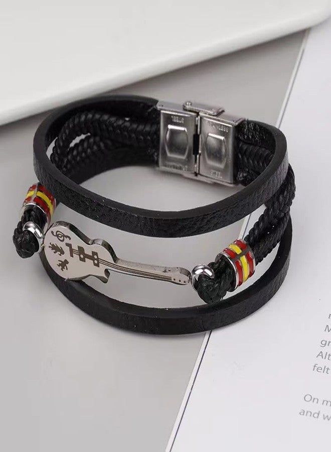 THE MEN THING GUITAR CHARM BLACK - Three Strand Genuine Leather Bracelet with Stainless Steel Magnetic Buckle for Men & Boy (8 inch) - Image 3
