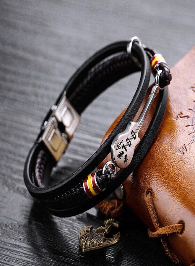 THE MEN THING GUITAR CHARM BLACK - Three Strand Genuine Leather Bracelet with Stainless Steel Magnetic Buckle for Men & Boy (8 inch) - Image 4
