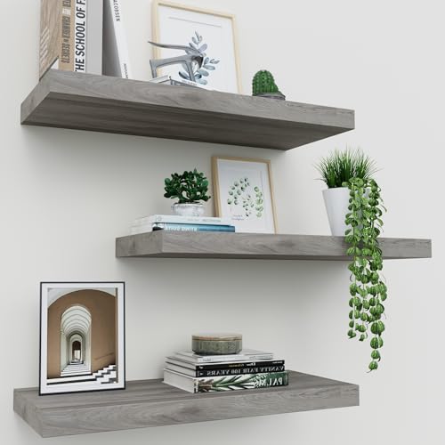 Upassion Floating Shelves for Wall Set of 3 16 Gray Wall Shelves for Home Decor Frame Display Floating Shelf for Living Room Bedroom Bathroom Kitchen - Image 1