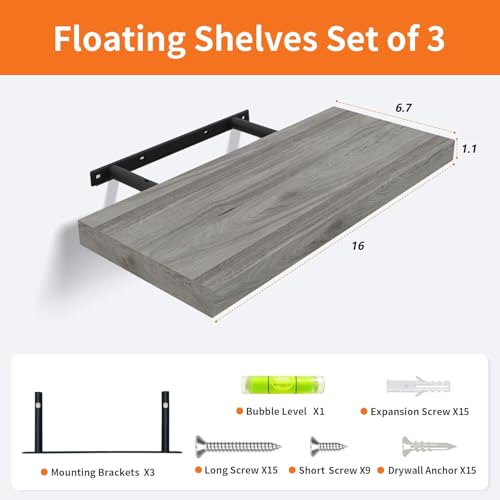 Upassion Floating Shelves for Wall Set of 3 16 Gray Wall Shelves for Home Decor Frame Display Floating Shelf for Living Room Bedroom Bathroom Kitchen - Image 3