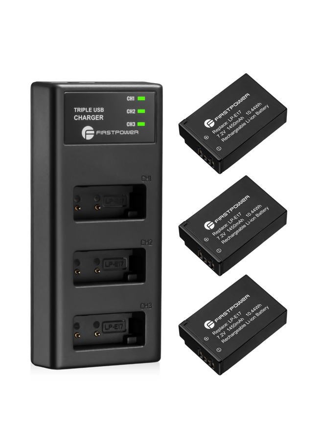 FirstPower LP-E17 Battery 3-Pack and Triple Slot Charger for Canon EOS RP R8 R10 R50 R100, Rebel T8i, T7i, T6i, T6s, SL2, SL3, EOS M3, M5, M6, 77D, 200D, 750D, 760D, 800D, 8000D Camera - Image 1