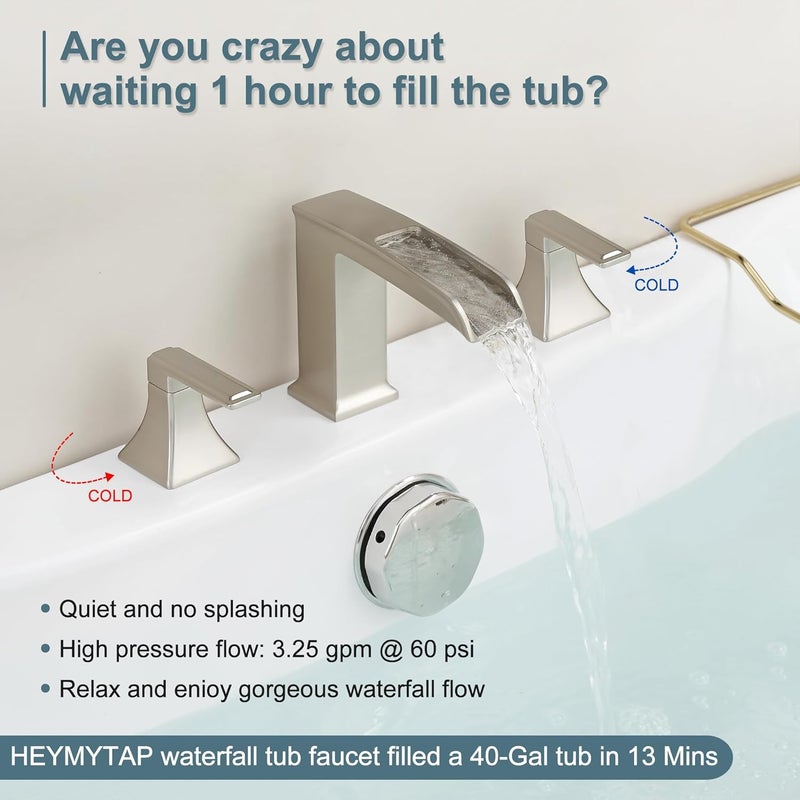 HEYMYTAP Waterfall Tub Faucet Brushed Nickel Bathtub Faucet 3 Hole, Brass High Pressure Bath Tub Faucet Set Deck Mount Roman Tub Faucets, Modern Tub Filler Bath Faucet for Tub with 2 Handles No Leaks - Image 2