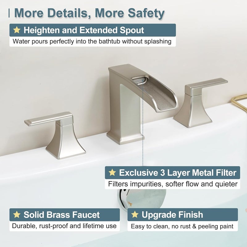 HEYMYTAP Waterfall Tub Faucet Brushed Nickel Bathtub Faucet 3 Hole, Brass High Pressure Bath Tub Faucet Set Deck Mount Roman Tub Faucets, Modern Tub Filler Bath Faucet for Tub with 2 Handles No Leaks - Image 4