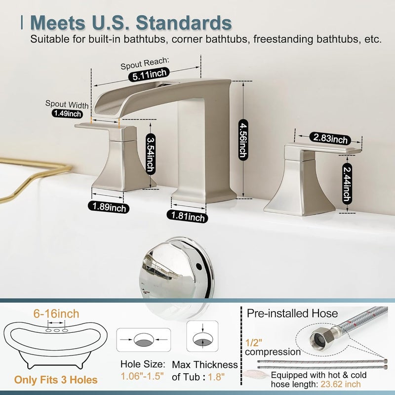 HEYMYTAP Waterfall Tub Faucet Brushed Nickel Bathtub Faucet 3 Hole, Brass High Pressure Bath Tub Faucet Set Deck Mount Roman Tub Faucets, Modern Tub Filler Bath Faucet for Tub with 2 Handles No Leaks - Image 5