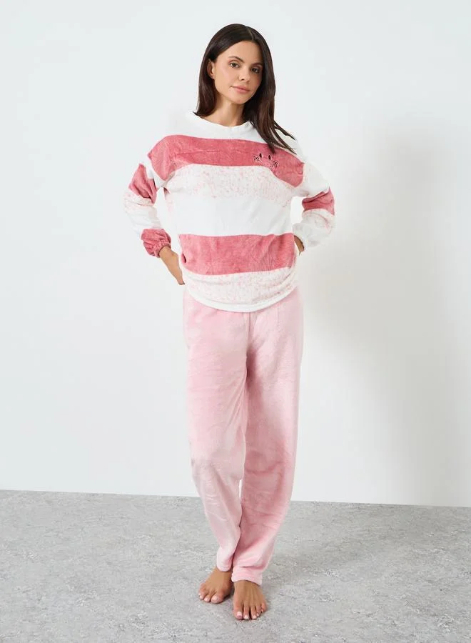 Styli Striped Fleece Top and Pyjama Set