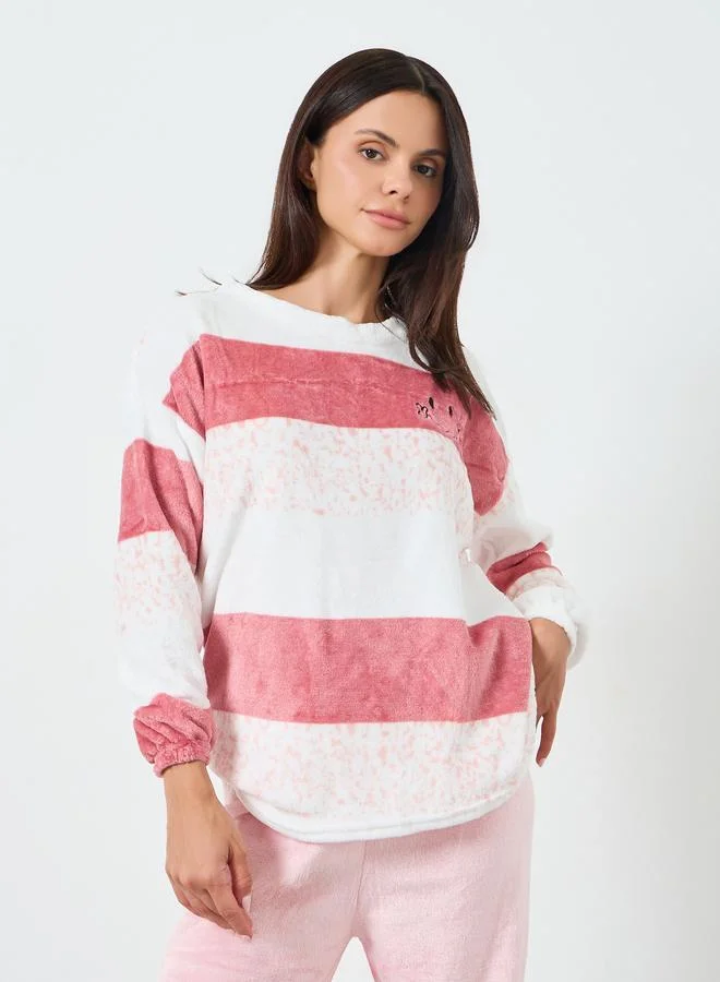 Styli Striped Fleece Top and Pyjama Set