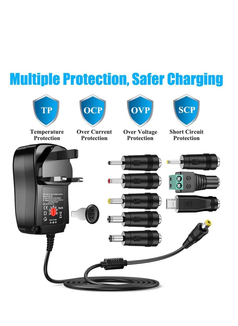 Captaintech Universal 30W 3V 4.5V 5V 6V 7.5V 9V 12V AC/DC Adapter Switching Power Supply Charger PSU with 8 Selectable Adaptor Tips for 3V-12V Household Electronics and LED Strip - 2000mA Max  - Image 2