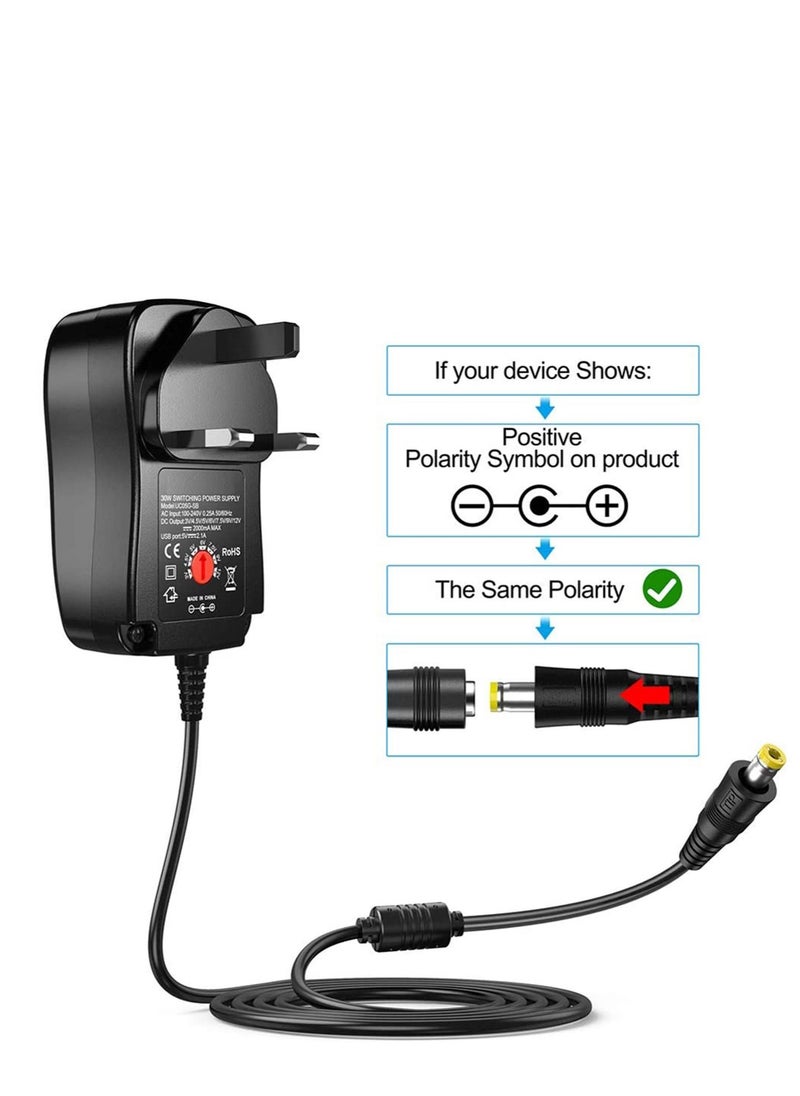 Captaintech Universal 30W 3V 4.5V 5V 6V 7.5V 9V 12V AC/DC Adapter Switching Power Supply Charger PSU with 8 Selectable Adaptor Tips for 3V-12V Household Electronics and LED Strip - 2000mA Max  - Image 4