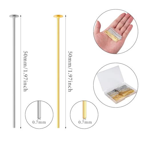 Yumttero 200 Pcs 50mm Straight Head Pins for Craft Earring Bracelet Necklace Pendant DIY Jewelry Making, Platinum & Gold Color - Image 2
