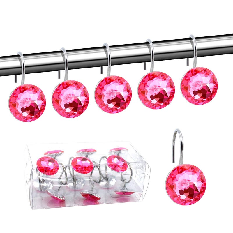 BEAVO Acrylic Fashion Decorative Home Rolling Shower Curtain Hooks Rhinestones Bathroom Bath Baby Room Bedroom Living Room Decor Set of 12 Rings (Pink) - Image 1