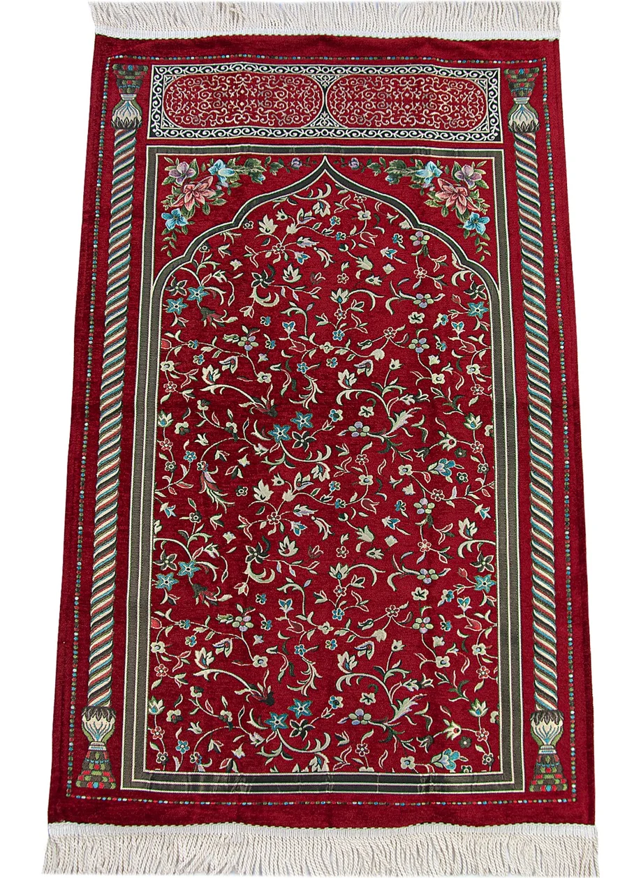 İhvan Online Ihvan Online Burgundy Floral Ravza Patterned Lined Chenille Prayer Rug