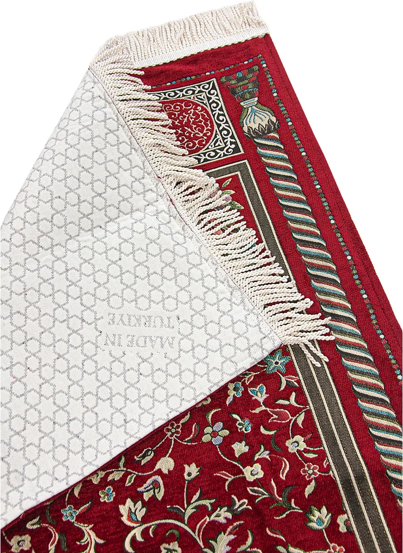 İhvan Online Ihvan Online Burgundy Floral Ravza Patterned Lined Chenille Prayer Rug