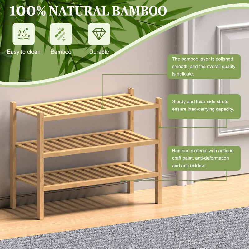 ROMGUAR CRAFT (Thick Bamboo Shoe Rack for Entryway, 3-Tier Free Standing Shoe Racks Stackable Shoe Rack Organizer for Hallway Closet Living Room 27 x12 x21 Inches - Image 5