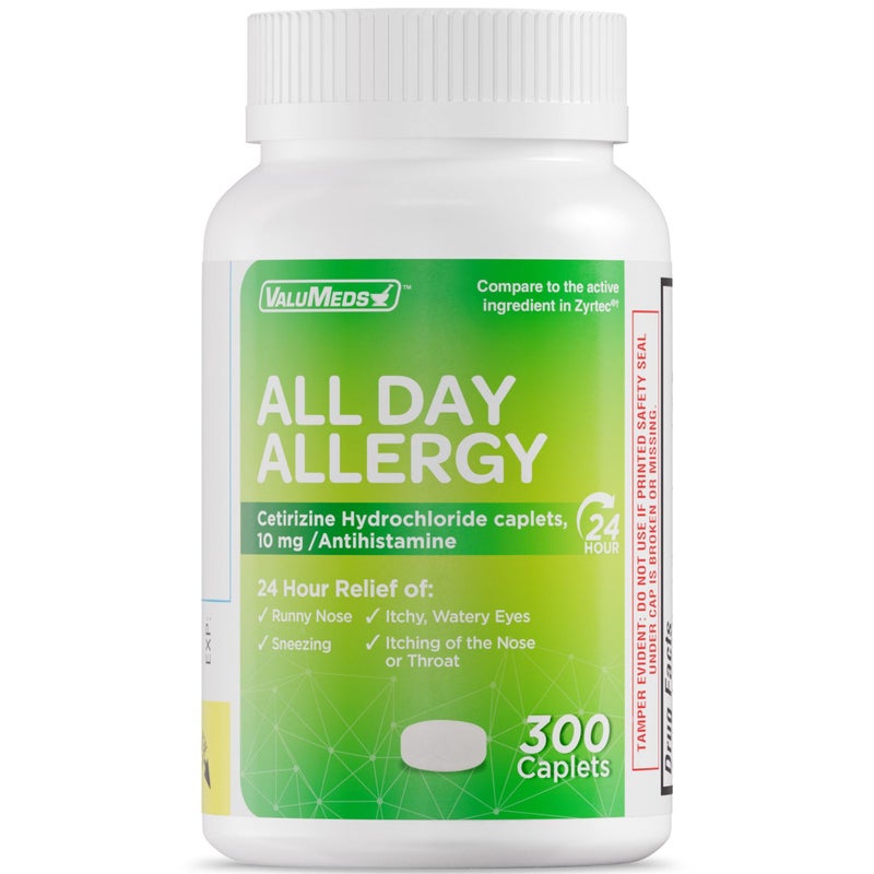 ValuMeds دواء الحساسية من فاليو ميدز لمدة 24 ساعة (300 حبة) مضاد للهستامين لحبوب اللقاح، حمى القش، جفاف، وحكة العينين، والحساسية | سيتيريزين هيدروكلوريد 10 ملغ أقراص، مقارنة بزيرتك - Image 1