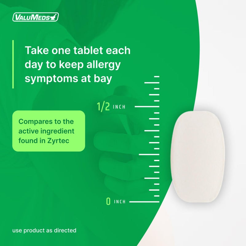 ValuMeds دواء الحساسية من فاليو ميدز لمدة 24 ساعة (300 حبة) مضاد للهستامين لحبوب اللقاح، حمى القش، جفاف، وحكة العينين، والحساسية | سيتيريزين هيدروكلوريد 10 ملغ أقراص، مقارنة بزيرتك - Image 4