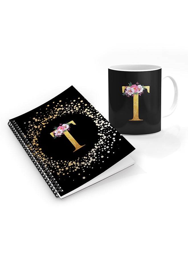 Stylizedd Printed Coffee Mug + A5 Spiral Notebook Memo Personalised Combo Gift Set Custom Monogram Initial Letter Floral Pattern Alphabet -  T (Black)