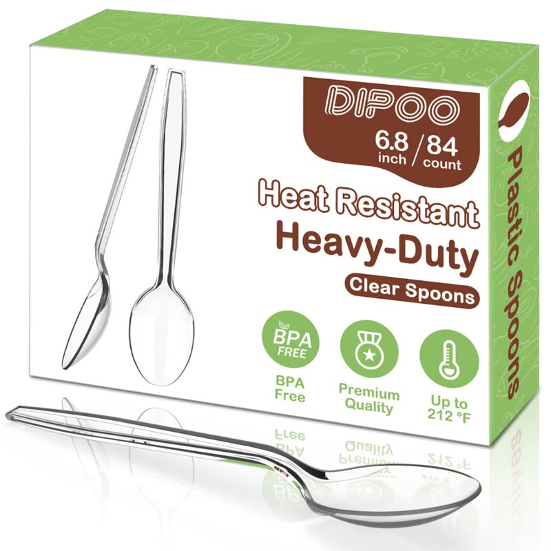 Dipoo 6.8"" Clear Plastic Spoons Heavy Duty with Heat Resistant & BPA Free  Solid and Durable Plastic Cutlery  Premium Disposable Spoons for Party Supply(84 Count) - Image 1