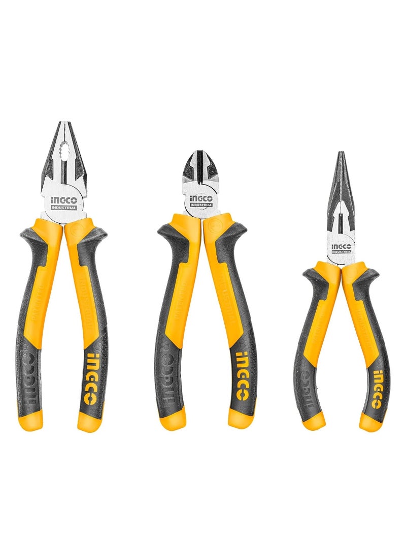 INGCO 3 Pcs Plier Set, Include 8" Combination Pliers, 6" Long Nose Pliers, 6" Diagonal Cutting Pliers, Cr-V, Black Finish and Polish, TPR Two Color Handle - Image 1