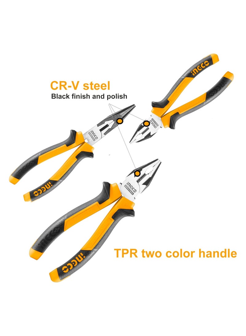 INGCO 3 Pcs Plier Set, Include 8" Combination Pliers, 6" Long Nose Pliers, 6" Diagonal Cutting Pliers, Cr-V, Black Finish and Polish, TPR Two Color Handle - Image 2