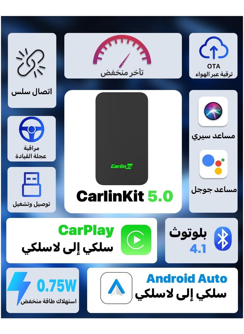 Carlinkit - CarlinKit 5.0 Wireless CarPlay and Android Auto Adapter, 2-in-1, 5GHz WiFi - Image 1