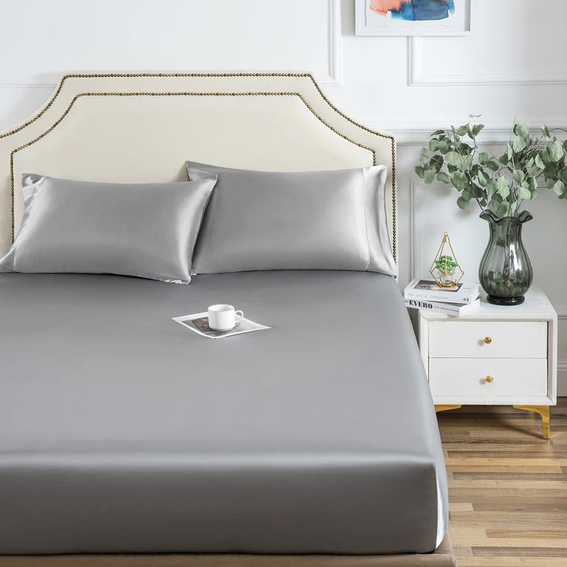 Luxbedding Satin Fitted Sheet  Queen Fitted Sheet Only  1 - Piece Ultra Soft Deep Pocket Single Silk Bottom Bed Sheet Queen - Light Gray 