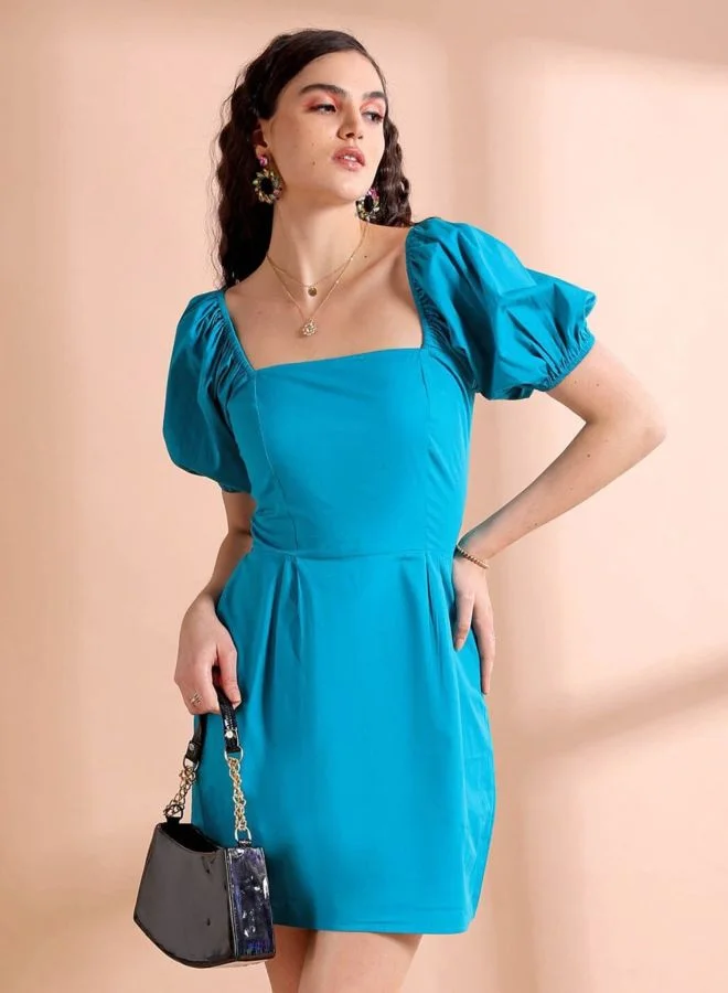 Freehand Women Regular Fit Solid Square Neck Short Sleeve Shift Dress