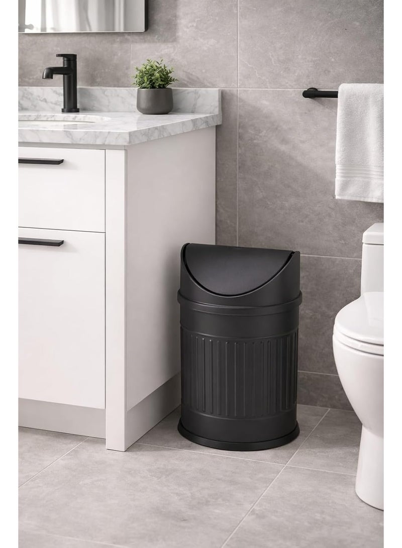 Primanova Stainless Steel Trash Bin Swing Lid Compact Round Garbage Waste Bin for Bathroom Kitchen Bedroom Office 12 Liters (Black) - Image 3