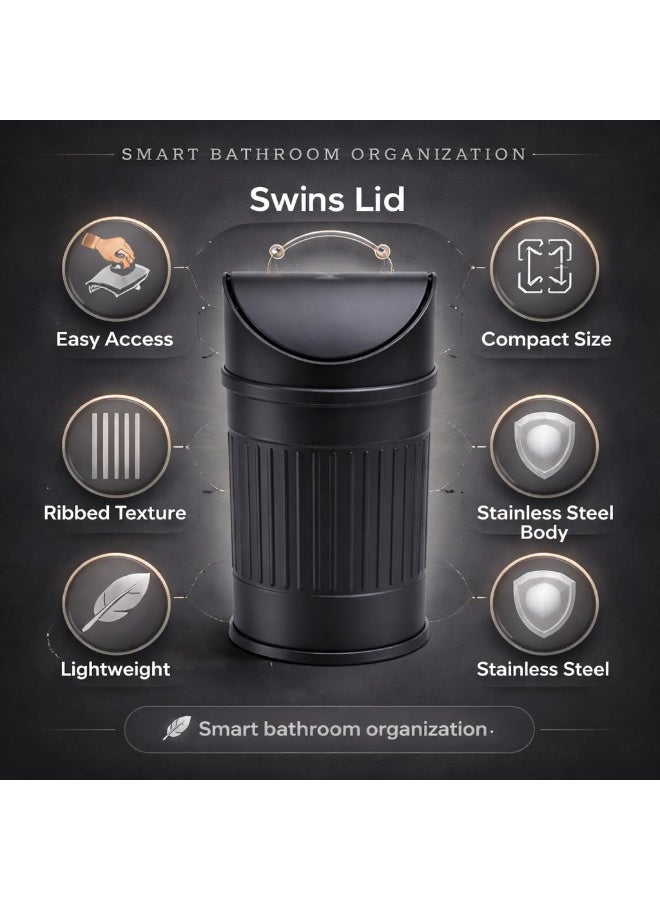 Primanova Stainless Steel Trash Bin Swing Lid Compact Round Garbage Waste Bin for Bathroom Kitchen Bedroom Office 12 Liters (Black) - Image 4