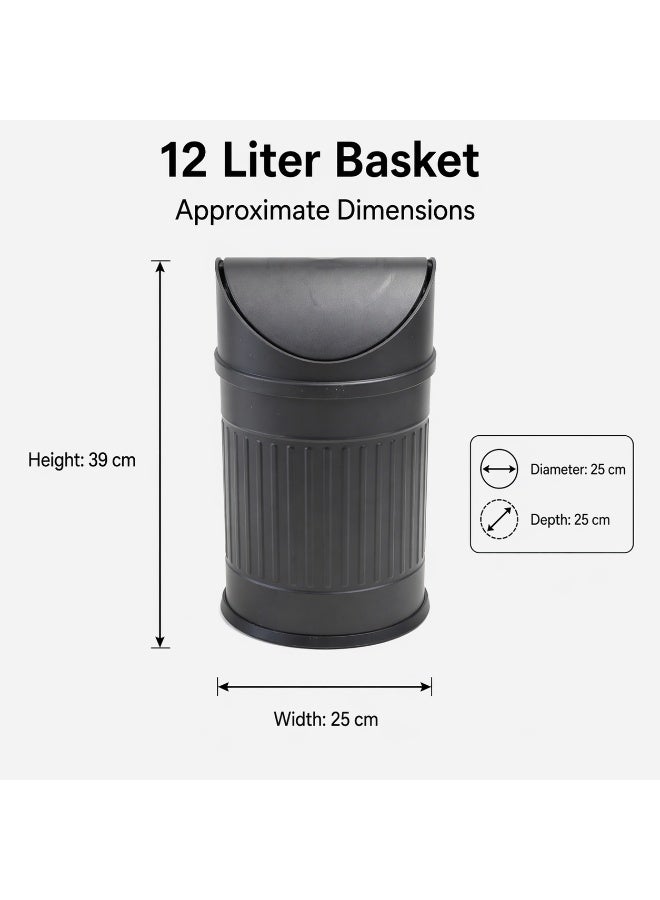 Primanova Stainless Steel Trash Bin Swing Lid Compact Round Garbage Waste Bin for Bathroom Kitchen Bedroom Office 12 Liters (Black) - Image 5