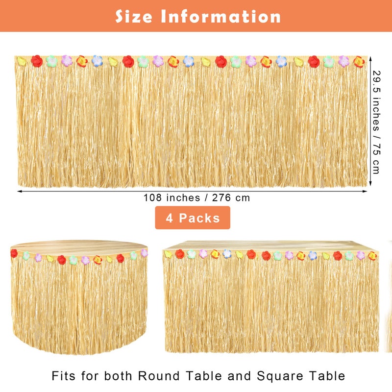 Fovths 4 Pack Luau Grass Table Skirt Natural 9 Feet x 29.5 Inch Hawaiian Table Skirt for Tropical Hawaiian Party Decorations Luau Party Costume Party, Straw Yellow - Image 2