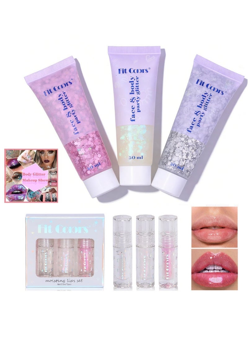 Fit Colors Body & Face Glitter Gel with Chunky Sequins kit 3 with lip gloss Kit 3- 150ml Mermaid Glitter for Concerts, Raves, and Festivals (White, Silver, Pink) - Image 1