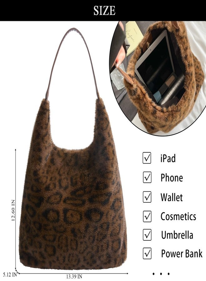 Extolove Leopard Cheetah Print Purse Y2K Slouchy Fuzzy Tote Bags for Women Faux Fur Purses Furry Shoulder Handbag (Coffee) - Image 4