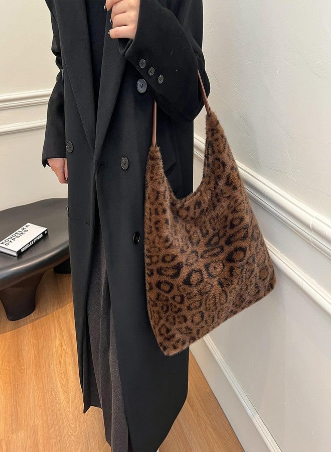 Extolove Leopard Cheetah Print Purse Y2K Slouchy Fuzzy Tote Bags for Women Faux Fur Purses Furry Shoulder Handbag (Coffee) - Image 3