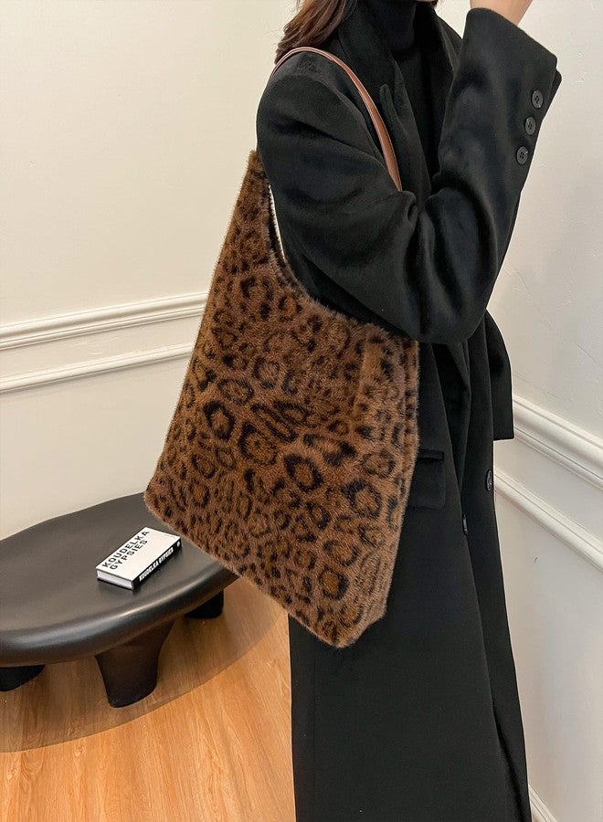 Extolove Leopard Cheetah Print Purse Y2K Slouchy Fuzzy Tote Bags for Women Faux Fur Purses Furry Shoulder Handbag (Coffee) - Image 2