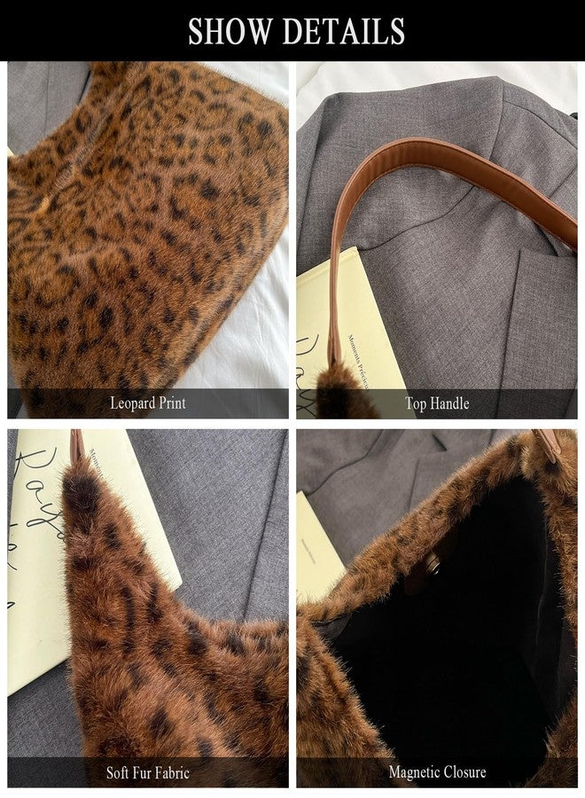Extolove Leopard Cheetah Print Purse Y2K Slouchy Fuzzy Tote Bags for Women Faux Fur Purses Furry Shoulder Handbag (Coffee) - Image 5