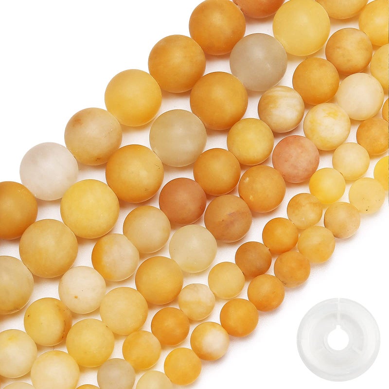 Natural Matte Yellow Jade Beads 8MM Round Frosted Unpolished Loose Gemstone Beads for Bracelet Necklace Jewelry Making Energy Stone Healing Power with Stretch Beading Cord