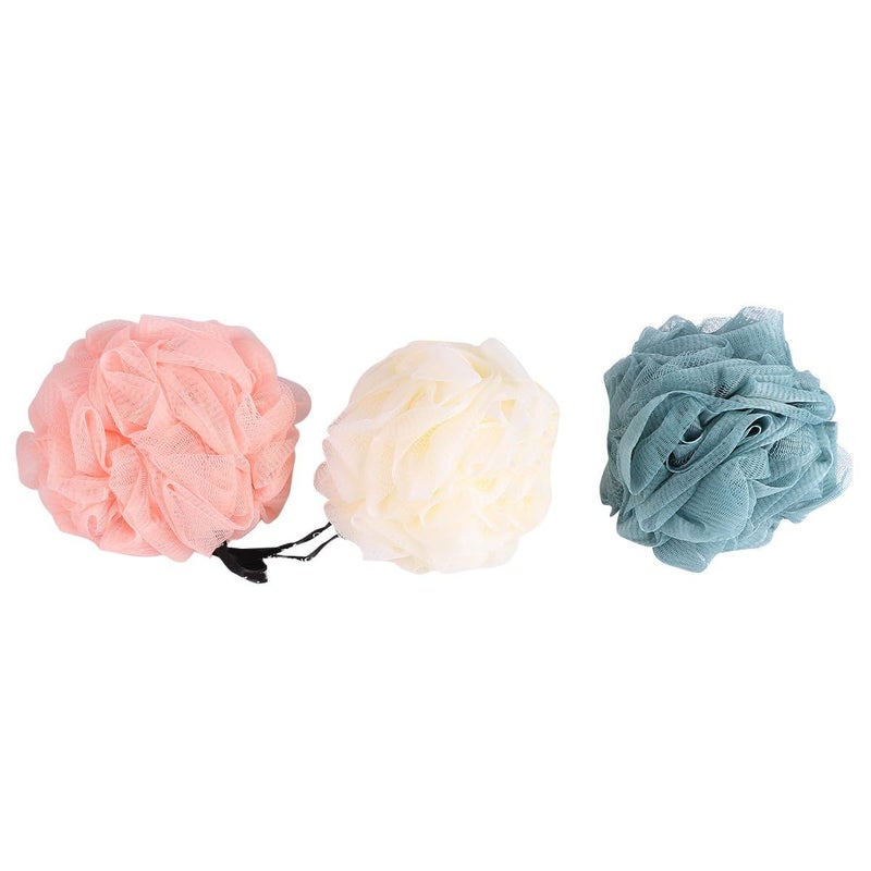 3pcs Mesh Bath Ball Shower Pouf Body Scrubber Sponge Set Blue Beige Pink - Image 2