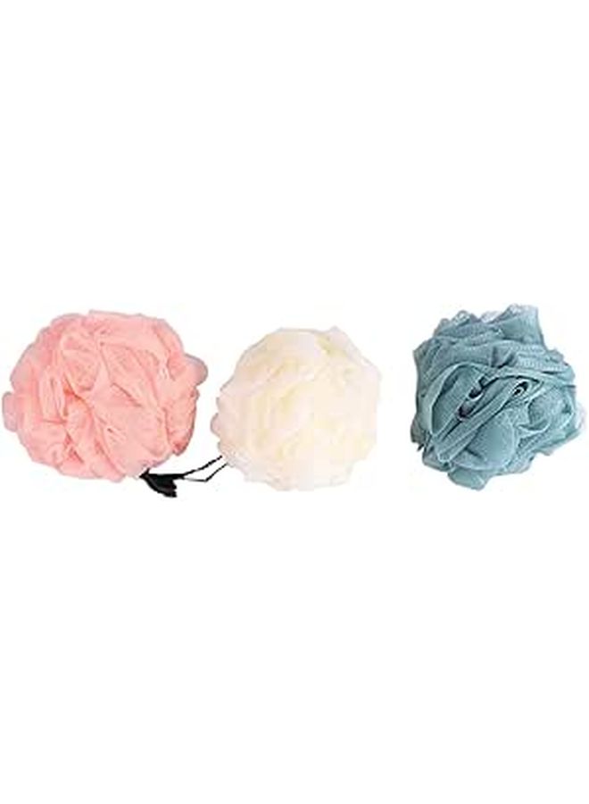 3pcs Mesh Bath Ball Shower Pouf Body Scrubber Sponge Set Blue Beige Pink - Image 1