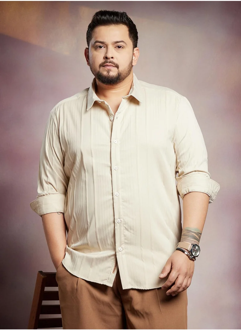 انستافاب بلس Instafab Plus Men's Ecru Beige Unbalanced-Ridge Relaxed Shirt For Casual Wear | Spread Collar | Long Cuffed Sleeves | Button Closure | Plus Size Shirt Crafted With Comfort Fit For Everyday Wear
