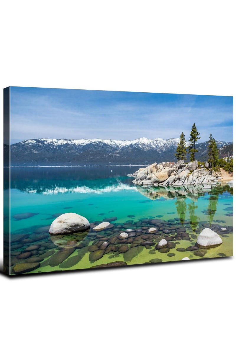 YOOOAHU Lake Tahoe Wall Art Stunning California Emerald Bay Shore Photo Prints Cool Nature Scenery Canvas Framed Picture for Living Room Aesthetic Realism Scenic Poster Giclee Artwork Home Decorations 12x16” - Image 1