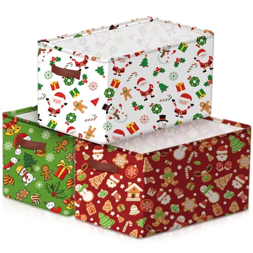Boao 3 Pack Christmas Storage Baskets for Gifts Empty Collapsible Large Christmas Storage Bins Canvas Laundry Basket with Handle Xmas Containers for Office Home Bedroom Clothes Toys Holiday Decor - Image 1