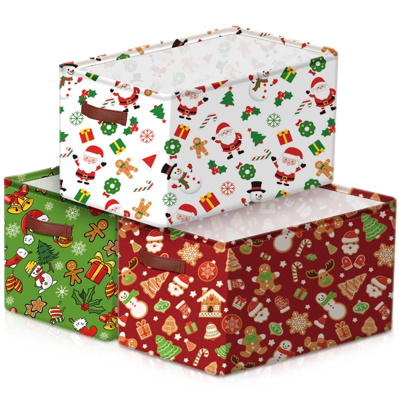 Boao 3 Pack Christmas Storage Baskets for Gifts Empty Collapsible Large Christmas Storage Bins Canvas Laundry Basket with Handle Xmas Containers for Office Home Bedroom Clothes Toys Holiday Decor - Image 2