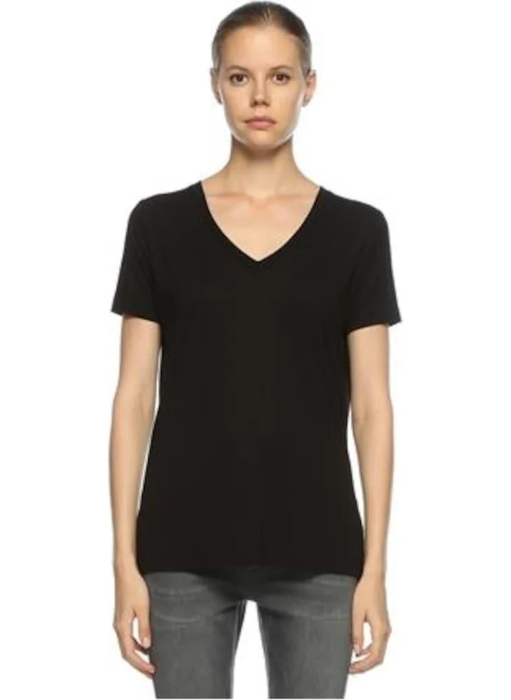 Goldoremi̇ GOLDOREMI Star 2371 Women's V Neck Black Short Sleeve T-Shirt