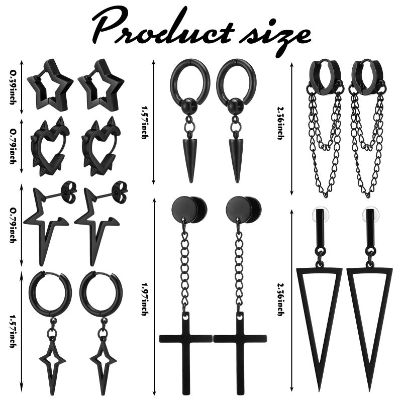 Quelay 8 Pairs Dangle Hoop Earrings for Men Women Punk Y2k Goth Gothic Tassel Chain Drop Star Moon Stud Huggie Earrings Gift(Tassel Style,Black) - Image 2