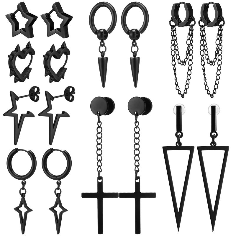 Quelay 8 Pairs Dangle Hoop Earrings for Men Women Punk Y2k Goth Gothic Tassel Chain Drop Star Moon Stud Huggie Earrings Gift(Tassel Style,Black) - Image 1