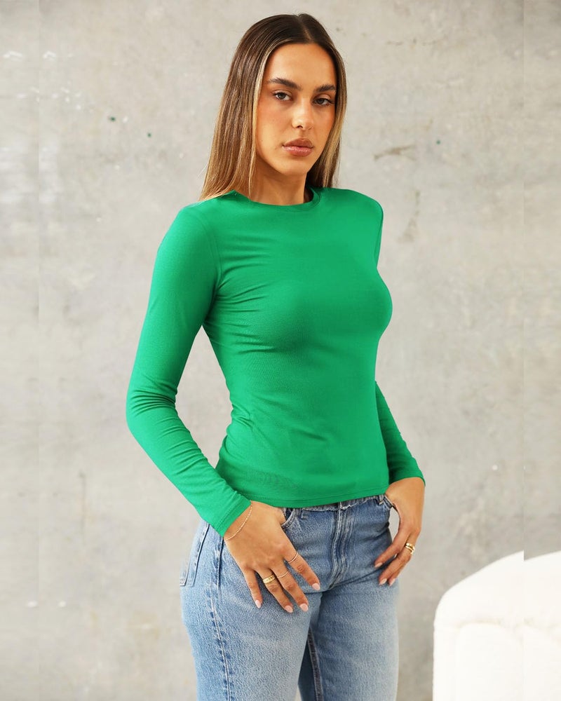 Abardsion Women's Long Sleeve Shirts Spring 2026 Casual Basic Going Out Crop Tops Slim Fit Tight Y2K Clothes(Green, S) - Image 3