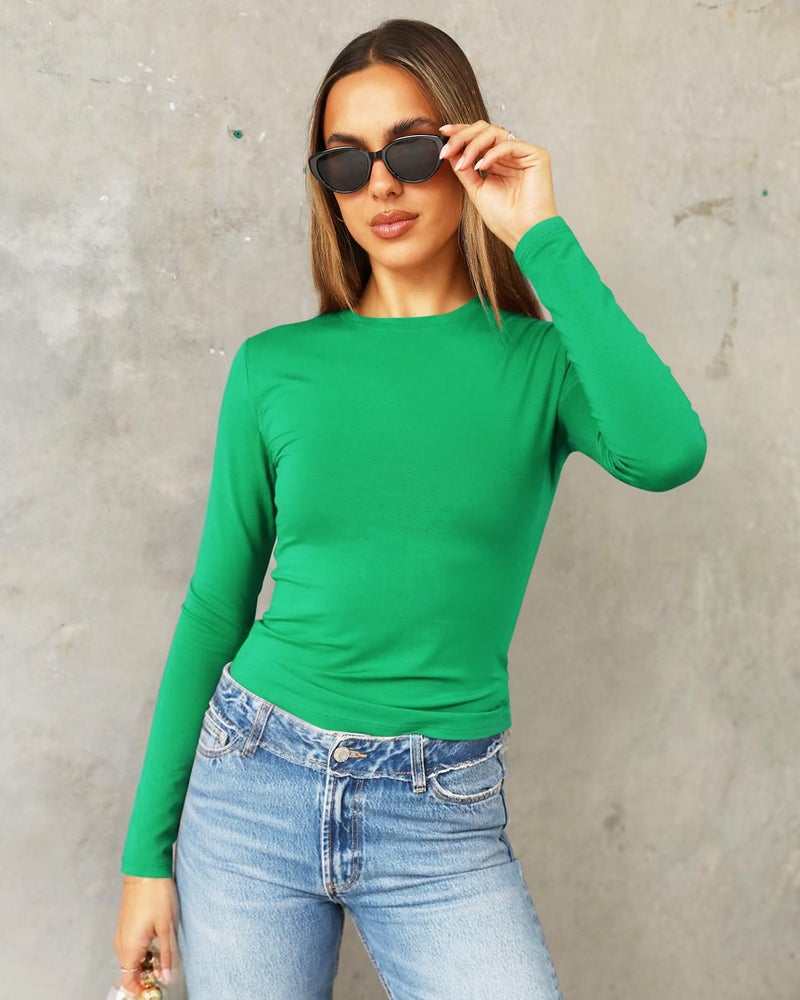 Abardsion Women's Long Sleeve Shirts Spring 2026 Casual Basic Going Out Crop Tops Slim Fit Tight Y2K Clothes(Green, S) - Image 2