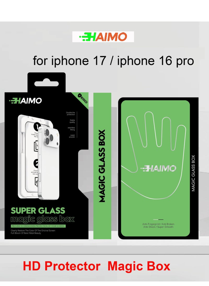 Haimo Super Glass Magic Box HD Screen Protector, High-Aluminum Material, Oil-Resistant, Fingerprint-Proof, Scratch-Resistant, Wear-Resistant with Rounded Edges for Comfortable Grip for iphone 17,iphone 16pro，Extremely simple installation and use - Image 1