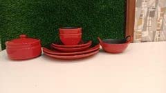 Caffeine Ceramic Handmade Black & Red Combo Dinner Set (8 pcs. 2 Dinner Plate, 2 Quarter Plate, 2 Katori Bowl,1 Casserole,1 Kadhai) - Image 1