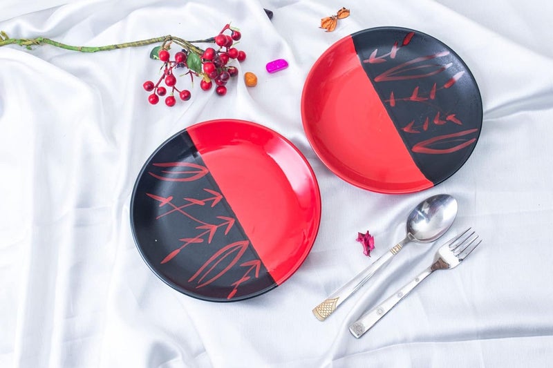 Caffeine Ceramic Handmade Black & Red Combo Dinner Set (8 pcs. 2 Dinner Plate, 2 Quarter Plate, 2 Katori Bowl,1 Casserole,1 Kadhai) - Image 4